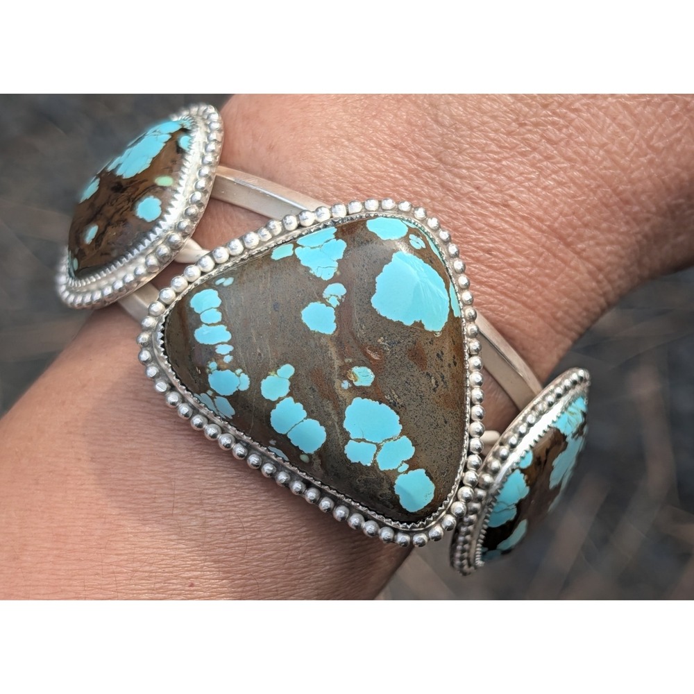 Natural Number 8 Turquoise Silver Cuff Bracelet Large 3 Stone Southwest Jewelry*